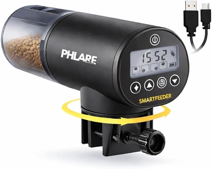 Automatic Fish Feeder – Rechargeable USB-C Timer Feeder for Aquariums & Fish Tanks | Vacation & Weekend Feeding | Flakes Pellets & Granules | 200ml Capacity | Freshwater & Saltwater