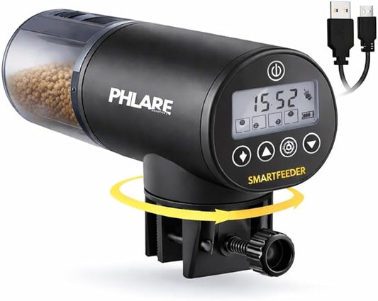 Automatic Fish Feeder – Rechargeable USB-C Timer Feeder for Aquariums & Fish Tanks | Vacation & Weekend Feeding | Flakes Pellets & Granules | 200ml Capacity | Freshwater & Saltwater