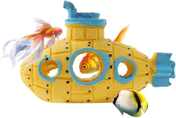 Resin Hollow Submarine Fish Tank Decorations Aquarium Shrimp Hideout Aquarium Ornament Hiding Cave Shelter for Shrimp Betta Lizards Hideaway Decor (Submarine Yellow)