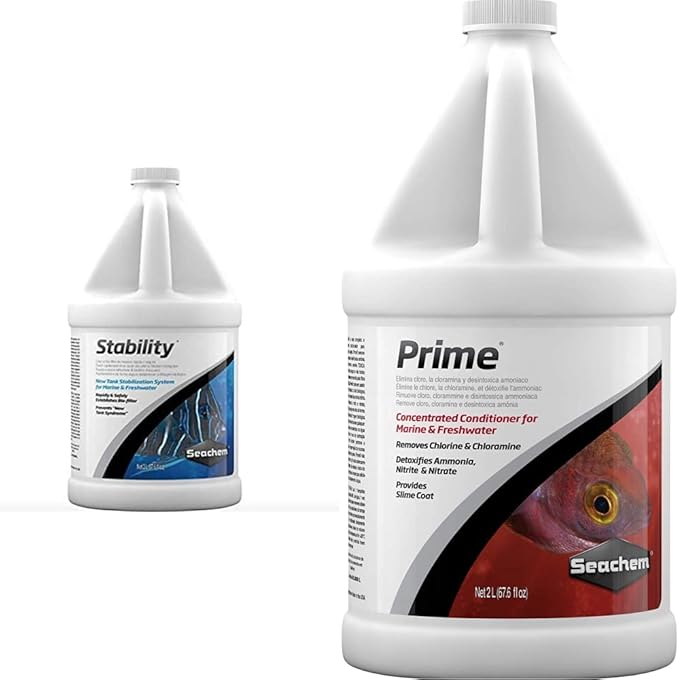 Seachem Stability Fish Tank Stabilizer - for Freshwater and Marine Aquariums 2L / 67.6 oz & Prime Fresh and Saltwater Conditioner - Chemical Remover and Detoxifier 2 L