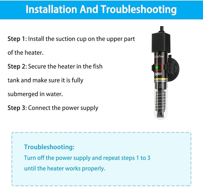 DaToo Mini Aquarium Heater 50W Small Fish Tank Heater 50 Watt with Free Thermometer Sticker