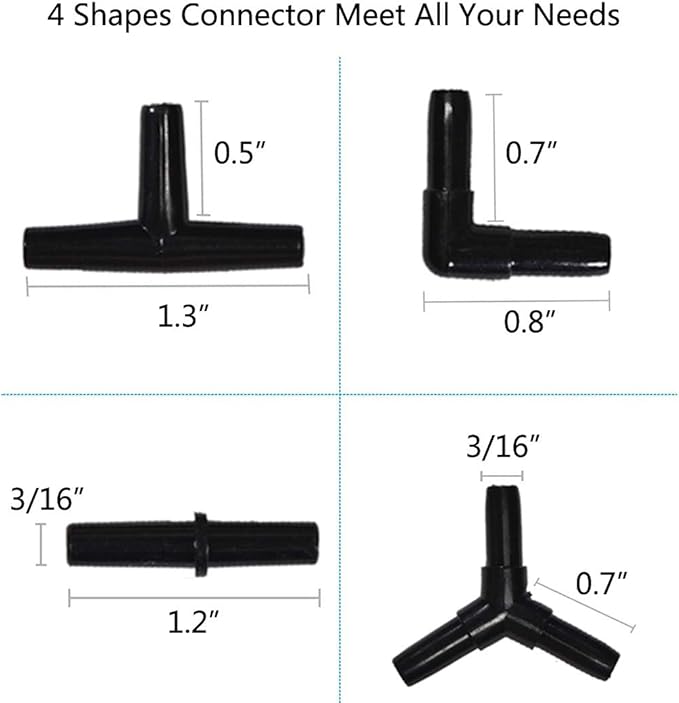 JIH Aquarium 320 Feet Standard 3/16" Black Flexible Airline Tubing with Black Plastic Connectors for Fish Tank,Terrariums, and Hydroponics (320 Feet with connectors)
