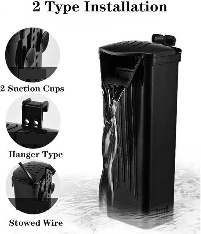 Aquarium Filter Fish Tank Filter for Turtle Tanks, Reptiles, Amphibians, Frog, Cichlids, Newt or Fish Tank Waterfall Flow Water Clean Pump (Black Filter)