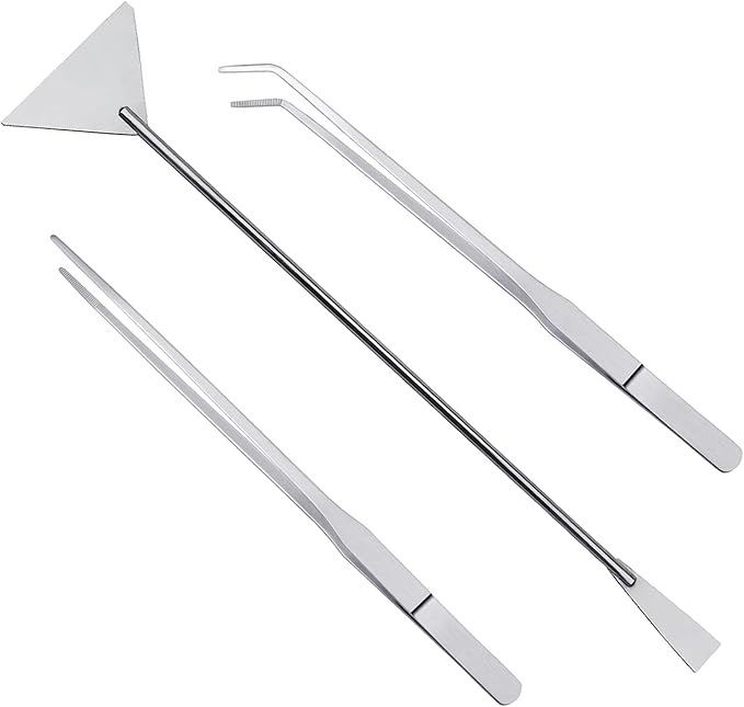 3Pcs Aquascaping Tools Kit, Long Stainless Steel Aquatic Plant Tweezers, Scrapers, Long Handle Feeder Tools for Fish Aquariums, Reptiles Snakes Lizard Gecko Spider and Bird (Silver)