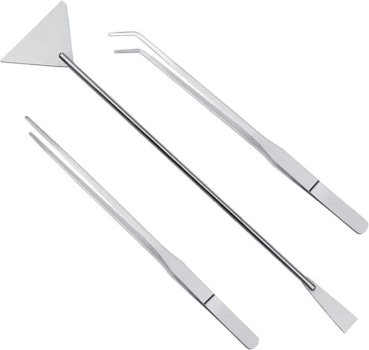 3Pcs Aquascaping Tools Kit, Long Stainless Steel Aquatic Plant Tweezers, Scrapers, Long Handle Feeder Tools for Fish Aquariums, Reptiles Snakes Lizard Gecko Spider and Bird (Silver)