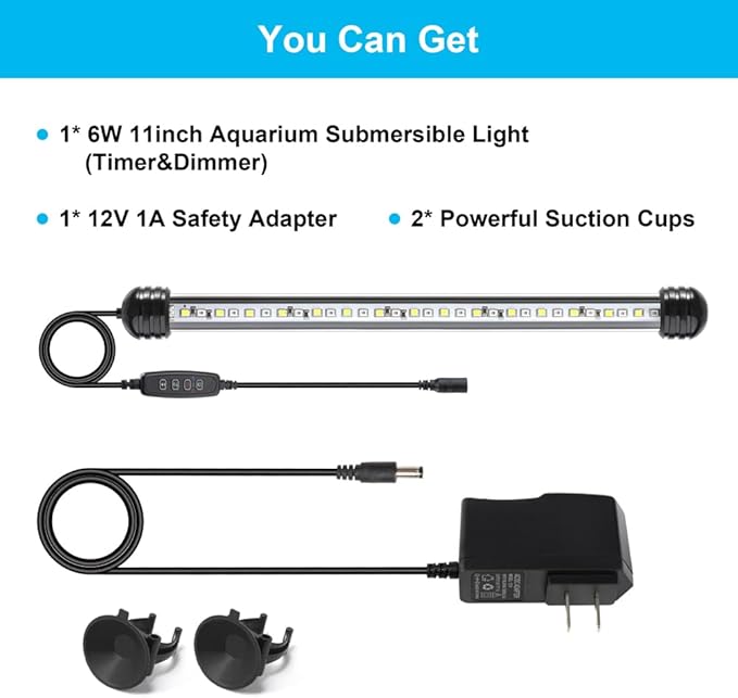 DaToo 6W 11inch Submersible Aquarium Light Underwater Fish Tank Light LED Aquarium Light Bar with Timer Auto On/Off and Dimmer Adjustable Brightness, 1 Yr Warranty