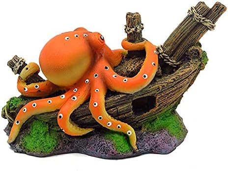 Small Aquarium Decoration Cute Octopuse Design Fish Tank Ornament Shipwreck Landscaping for Mini Small 5 10 Gallons Fish Turtle Tank