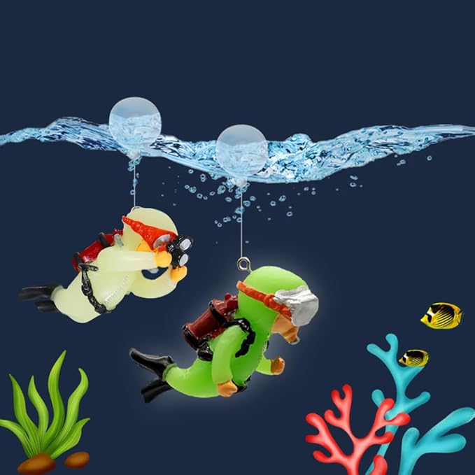 2-Pack Glow in Dark Tank Decorations, Cute Little Diver, Aquarium Decoration Accessories Ornaments with Float Ball, for Tanks (White& Green)