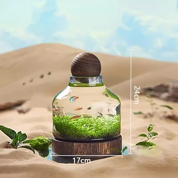 Glass Aquarium with Wooden Base, Microecosphere Fish Tank, Transparent Bottle-Shaped Batta Fish Bowel, Micro-Landscape Ecological Aquarium, Modern Glass Goldfish Tank,S