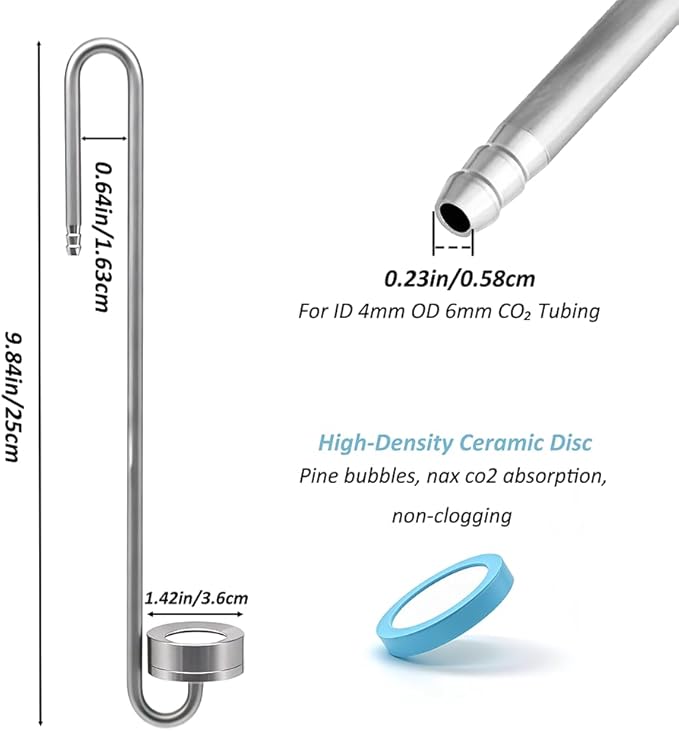 LINLAN 9.85in 304 Stainless Steel CO₂ Diffuser, Frosted Matte Material(One-Piece Molding), Equipped with Silicone Suction Cup + Replacement Diffusion Disc, Suitable for Rimless Planted Aquariums