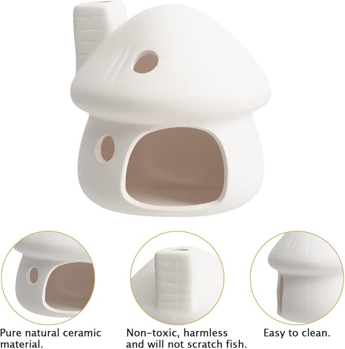 Aquarium Decor Ceramic Mushroom House Ornament Fish Tank Landscape Decoration Pottery Hide Cave Habitat Hut Small Shrimp for Goldfishes to Rest Breed Hiding (White)