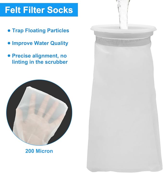 4 Pack 4 Inch Aquarium Filter Bags, Nylon Mesh Filter Socks, 200 Micron Felt Filtration, 4 Inch Ring by 10 Inch Long