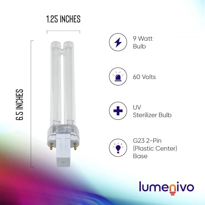 lumenivo 9W UV Light Bulb for Pond Filter, Aquarium Filter 2-Pin G23 Bulb UV Aquarium Light to Kill Algae - UV G23 Base Light Bulb 9W Perfect Jebao Aquatop Tetra Pond Sunsun Grech Super