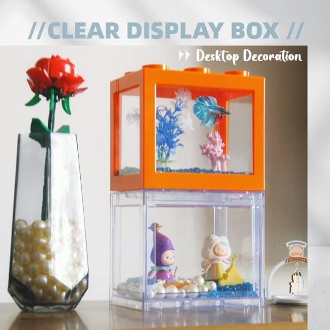 Small Betta Fish Tank, Stackable Mini Fish Tank Aquarium Tank Kit, 3/5 Gallon Rectangular Fish Bowl with Aquarium Gravel Decoration, Tiny Cube Tank for Seaweed Balls Sea Monkeys
