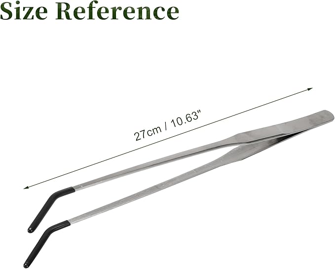 Reptile Feeding Tongs, Stainless Steel Lizard Feeding Tongs, Aquarium Curved Feeding Tweezers for Reptiles with Rubber Tip, Terrarium Feeding Tongs 10.63" L, Black Silver Tone