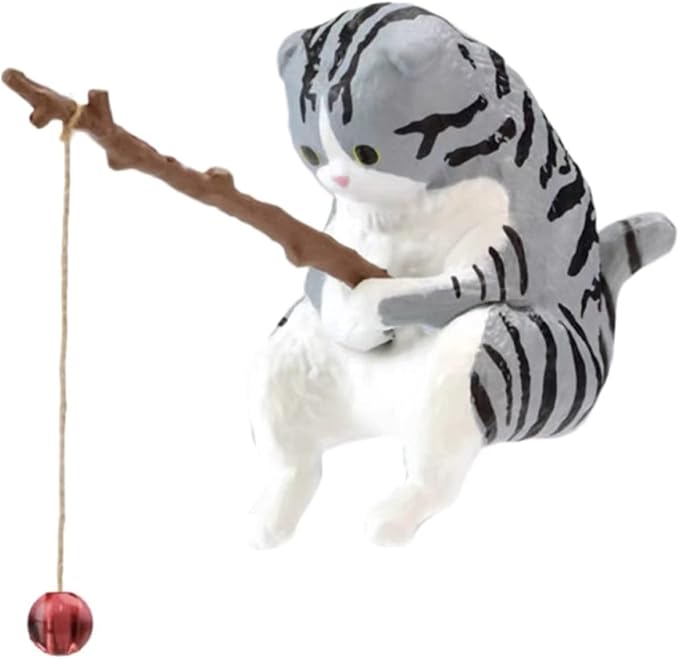 Yuly Fishing Cat Ornaments Mini Resin Figurine Cartoon Cat Statue for Home Office Aquarium Decoration