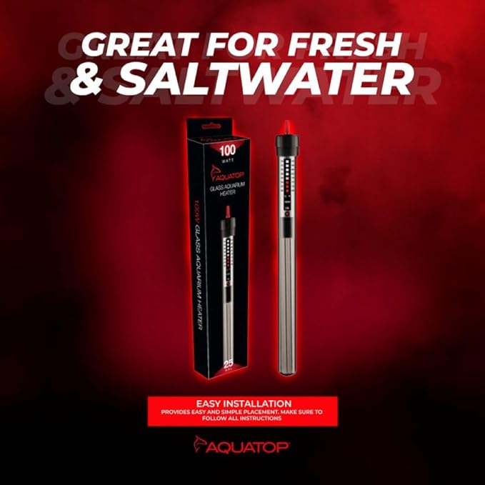 Aquatop 100W Aquarium Submersible Glass Heater - Fully Submersible for Fish Tanks Up to 25 Gallons - Adjustable Temperature 68-93°F - Ideal for Fresh & Saltwater Use