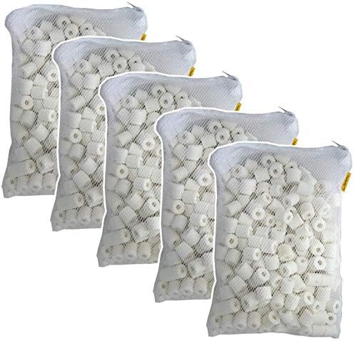 Canister Filter Media Replacement Bags - Activated Charcoal Pellet Carbon, Bio Ceramic Rings, 1" Bio Sponge Balls for Aquarium Fish Pond Tank Canister Water Filtration (Ceramic Rings 5-Pack)