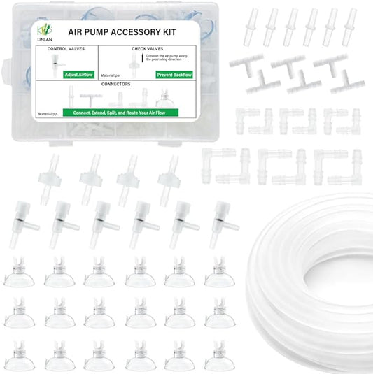 LINLAN 26 Feet 3/16''Silicone Airline Tubing with DIY Storage Box, Aquarium Air Pump Accessory Kit, 4 Check Valves, 6 Control Valves, 24 Connectors, 18 Suction Cup, for Fish Tank