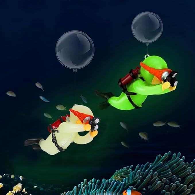 2-Pack Glow in Dark Tank Decorations, Cute Little Diver, Aquarium Decoration Accessories Ornaments with Float Ball, for Tanks (White& Green)