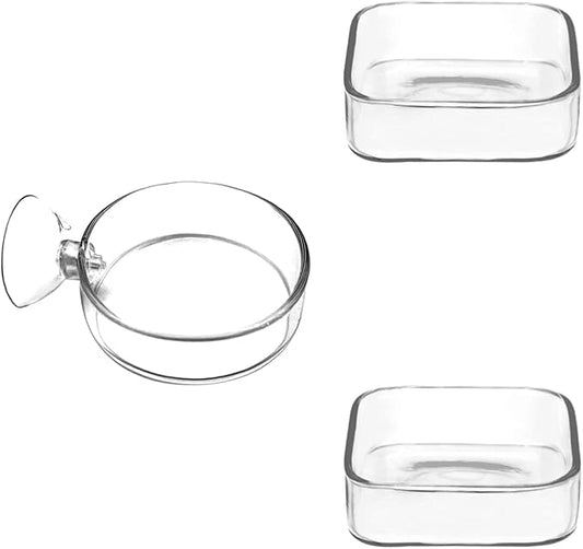 Aquarium Shrimp Feeder Dish Glass Fish Tank Feeding Bowls, 1pcs Round Glass Food Bowl (60mm), 2pcs Square Fish Feeding Bowls with Suction Cups (60mm)