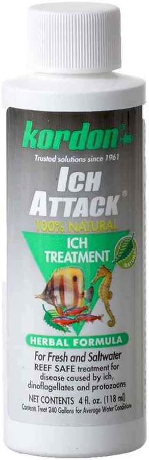 Kordon Ich-Attack Disease Inhibitor: Natural Solution for Ich & External Fish Diseases, 100% Organic Herbal Treatment for Fresh & Saltwater, Safe for Invertebrates, Made in the USA, 4-Ounces