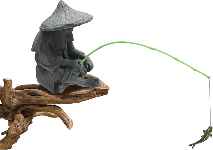 Asian Fisherman Statue, Livelyfish Aquarium Fisherman, Sitting Fishing Garden Statue, Vintage Resin Figurine for Home and Aquarium Decoration