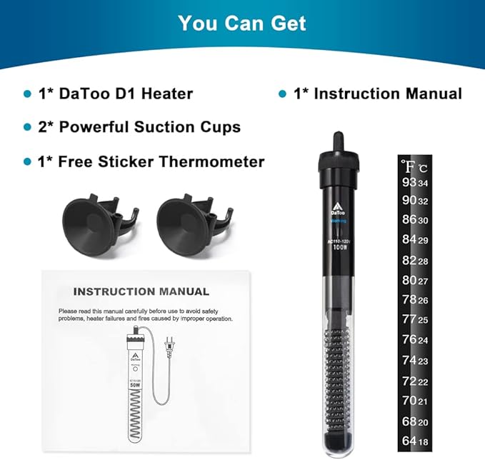 DaToo Aquarium Heater Adjustable 100W Submersible Fish Tank Heater with Electronic Chip Thermostat Suitable for Marine Saltwater and Freshwater