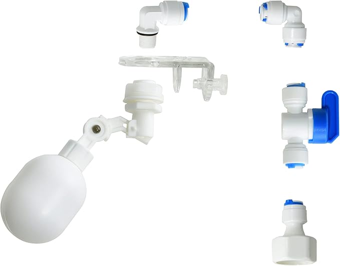 1/4 inch Plastic Adjustable Tube Float Valve Kit for Aquarium Water purifiers, Auto Water Filler Controller Auto-top-Off System, RO Water Reverse Osmosis System (1 Float + 5 Connect)