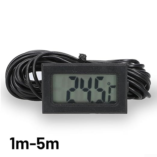Digital Thermometer with Probe -50 to +110°C, Waterproof Sensor for Aquariums and Terrariums, LCD Display, 1m to 5m Cable, Black(1 meters)