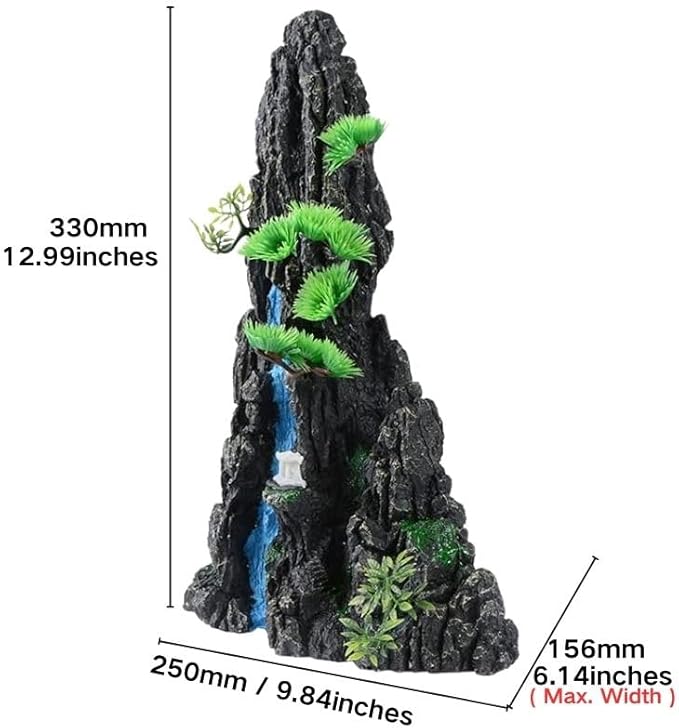 Large and Tall Fish Tank Decorations Aquarium L9.84x W6.14x H12.99inch, Resin Mountain View Aquarium Decor, Rock Thematic Ornaments with Tree & House for Betta Cichlid Goldfish Shrimp Playing Hiding