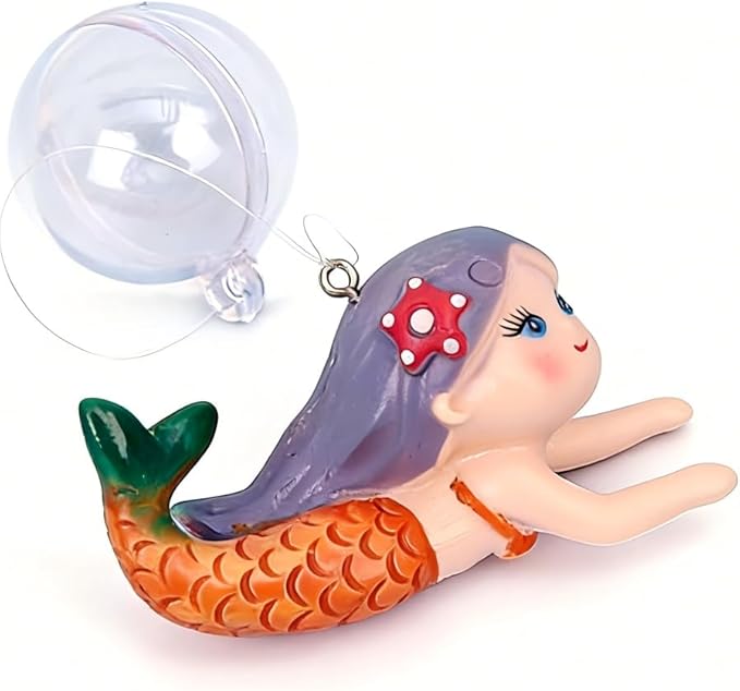 Floating Mermaid Aquarium Ornament, Handcrafted Cute Mermaid Statue with Floating Ball, Colorful PVC Resin Fish Tank Decor for Home Aquariums & Desktop Water Features (Orange)