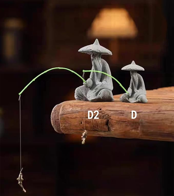 livelyfish Mini Fisherman Statue Asian Zen Decoration Sitting Fishing Figurines Sandstone Vintage Ornament for Aquarium Fish Tank Pot Garden Home Japanese Decor (D2)
