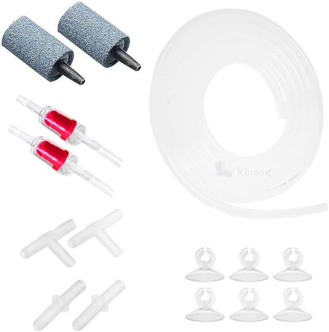 Rhinox Aquarium Airline Tubing Set, Self-Assembly CO2 Diffuser Kit, 6-Feet Airline Tubing, 2 Air Stones and Check Valves, 4 Connectors, 6 Suction Cups