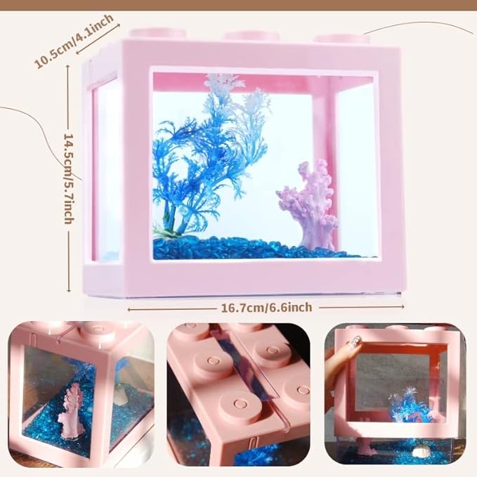Small Betta Fish Tank, Stackable Mini Fish Tank Aquarium Tank Kit, 3/5 Gallon Rectangular Fish Bowl with Aquarium Gravel Decoration, Tiny Cube Tank for Seaweed Balls Sea Monkeys