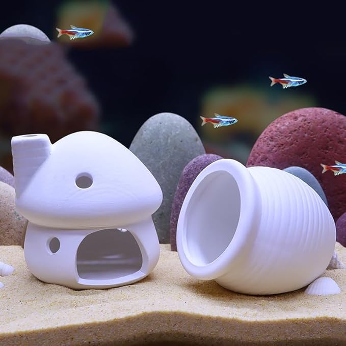 RUIAN Ceramic Jar Aquarium Decorations Fish Tank Hideout Cave Cute Pot Aquarium Accessories Decor Ornaments for Cichlid, Small Fish, Betta Fish Hideout and House (White)