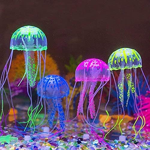 4pcs Jellyfish Aquarium Decorations,orange+yellow+blue+pink 7x2 Inches, Silicone Fish Tank Ornaments, Colorful Decor Glows in Blacklight, Adds Beauty to Freshwater and Saltwater Tanks and Terrariums