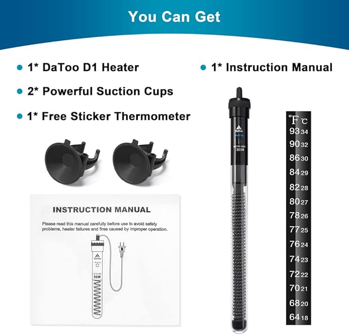 DaToo Aquarium Heater Adjustable 300W Submersible Fish Tank Heater with Electronic Chip Thermostat Suitable for Marine Saltwater and Freshwater