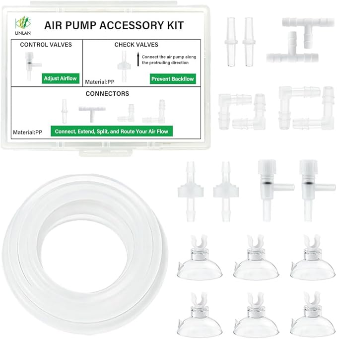 LINLAN 10 Feet 3/16''Silicone Airline Tubing with Storage Box, Aquarium Air Pump Accessory Kit, 2 Check Valves, 2 Control Valves, 8 Connectors, 6 Suction Cups, for Fish Tank