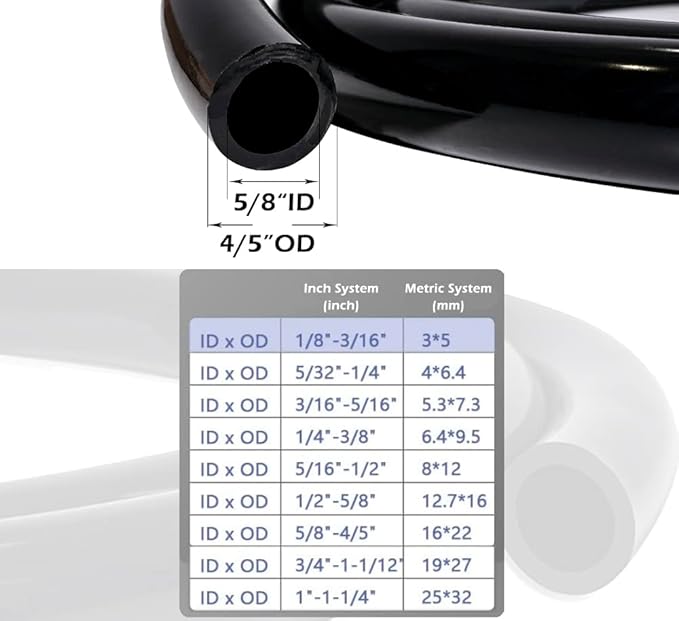Feelers Black PVC Vinyl Tubing 5/8" ID x 7/8" OD Water Fish Tank Aquarium Air Line Lightweight Hose BPA Free, 3.28 Feet