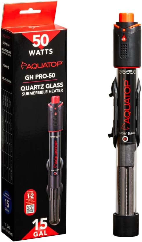 Aquatop 50W GH PRO Submersible Quartz Aquarium Heater – Adjustable Temperature Control, Durable Quartz Glass, Ideal for Freshwater & Marine Fish Tanks Up to 15 Gallons, GHPRO-050W