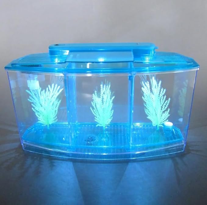 LIZEALUCKY Betta Fish Tank, Adjustable LED Light Acrylic Small Aquarium, Fish Tank Starter Kit with Isolation Plates and Water Change Valve, Blue