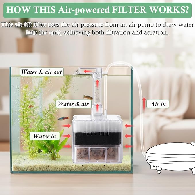 Mini Air-Powered Aquarium Sponge Filter, Corner Spong Filter for 1-10Gallon Fish Tank with Multi Filter Media, for Small Fish, Betta, Shrimp, Fry