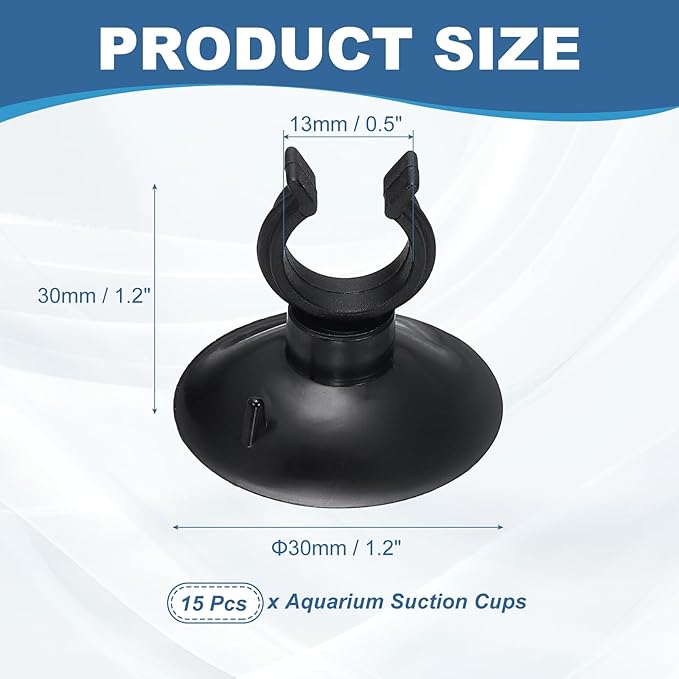 Aquarium Suction Cups, Fish Tank Suction Cups Clips Airline Tube Holders Clamps (Plastic, 15Pcs, Black) for 0.5" Fish Tank Airline Tubing Binding Moss Shrimp Nest, 13x30MM