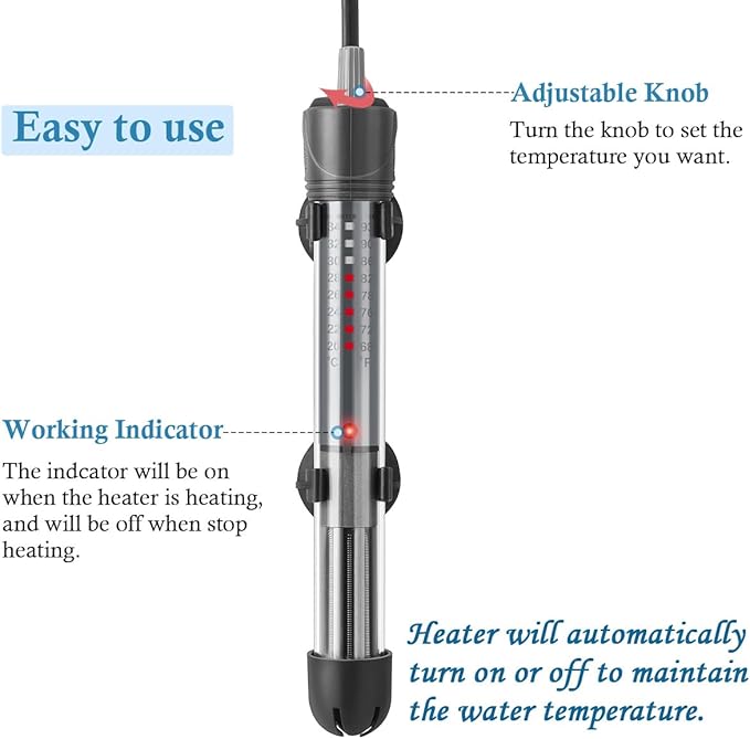 HITOP 25W Adjustable Aquarium Heater, Submersible Fish Tank Heater Thermostat with Suction Cups for 5-10Gal