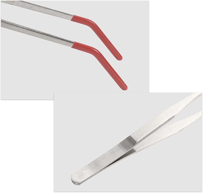 Stainless Steel Reptile Feeding Tongs, Curved Aquarium Tweezers with Rubber Tip, Terrarium Tongs for Gecko, Lizard & More, 10.63" Length, Red