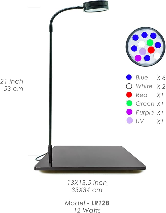 Nano Reef Pro Aquarium LED Light, Dimmable Full Spectrum Marine LED for Saltwater Coral Fish Tanks, Macroalgae Reef Jars (Large -12Watts (13.5X13in Stand))