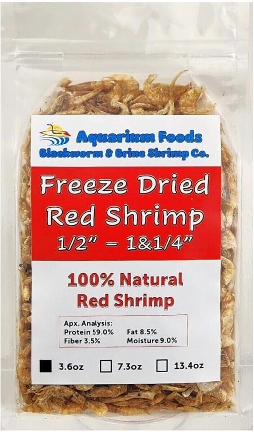 Red Shrimp, 1/2" to 1&1/4" Floating Freeze Dried Red Shrimp for All Tropical Fish, Cichlids, Catfish, Marines, Pond Fish, Turtles, Hamsters, Reptiles…3.6oz Clear Bag