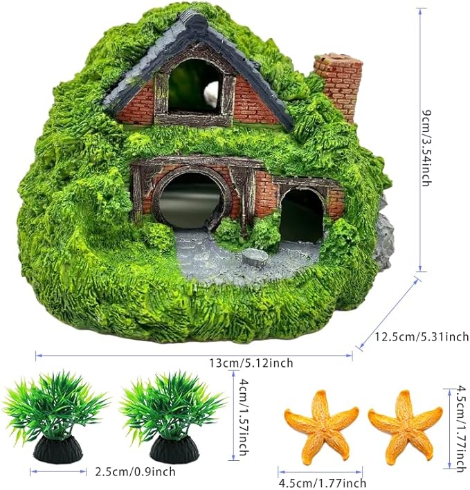 Fish Tank Decorations kit, Aquarium Decor Hobbit House x 1pc, Fish Tank Accessories Aquatic Plants x 2pcs, Starfish x 2pcs.