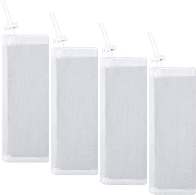 4 Pcs Aquarium Filter Media Bags with Drawstring, 150 μm Extra Fine Drawstring Filter Bags Nylon Media Bags for Fish Tank Aquarium, 8" x 3" (White)